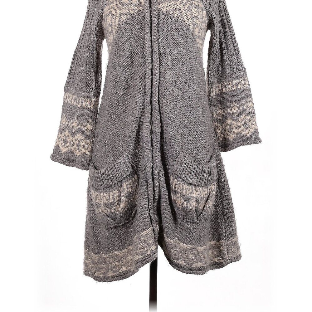 ๐งฃ Free People Hooded Knit Cardigan โ Gray & Cream Geometric Pattern โ Zip Front - Picture 6 of 6
